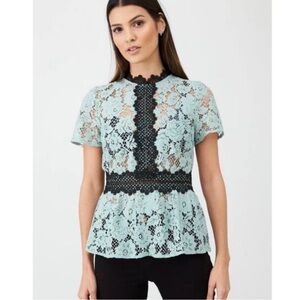 ZARA Lace Short Sleeve Peplum Top - Sea Green/black Medium